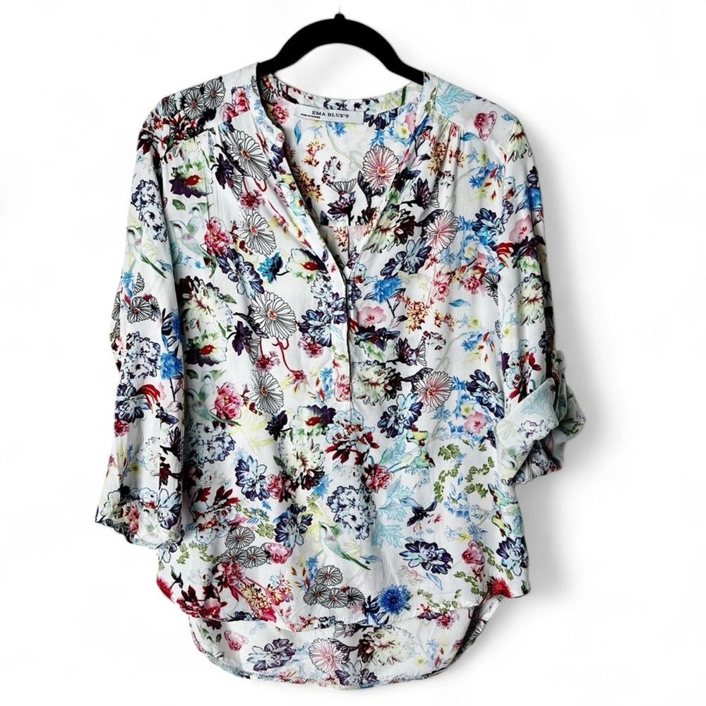 Ema Blue's‎ - Women's Floral Print Henley Blouse - Sz. L